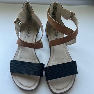 Lifestride Riley Black Nappa Leather/Leopard Print Sandals size 10W